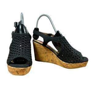 POP Perforated Black Suede Platform Open Toe Casual Wedge Sandal Evie Size 8 EUC